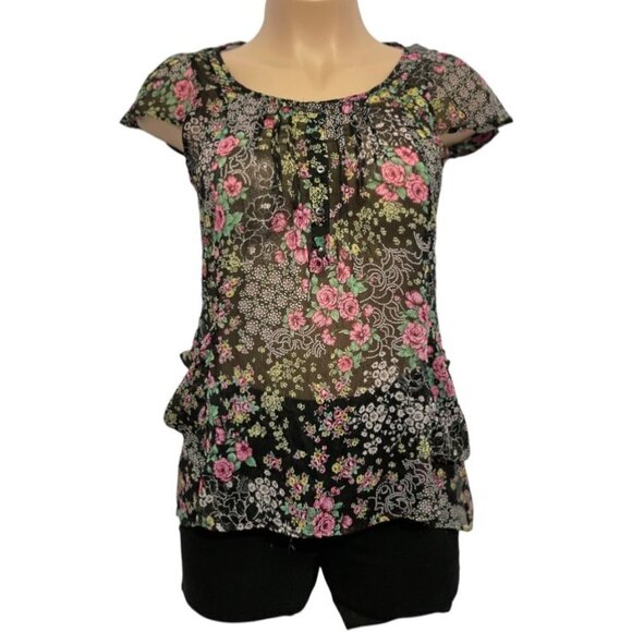 PINK ROSE Womens Sheer Boho Floral Top Large Black Multi Chiffon Slouch Pockets - Picture 10 of 16